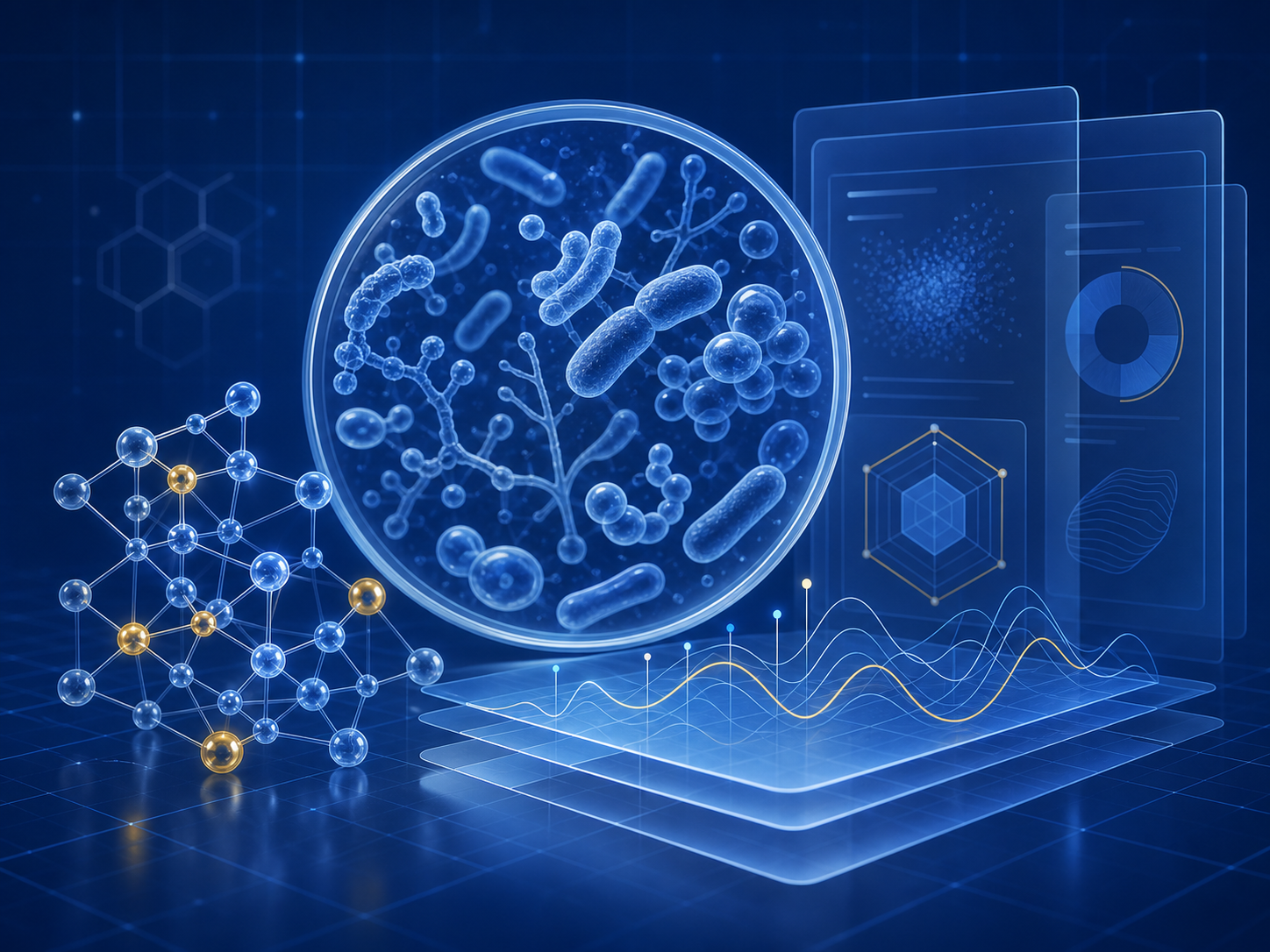 Conceptual visualization of microbiome ingredient evaluation and analytical documentation